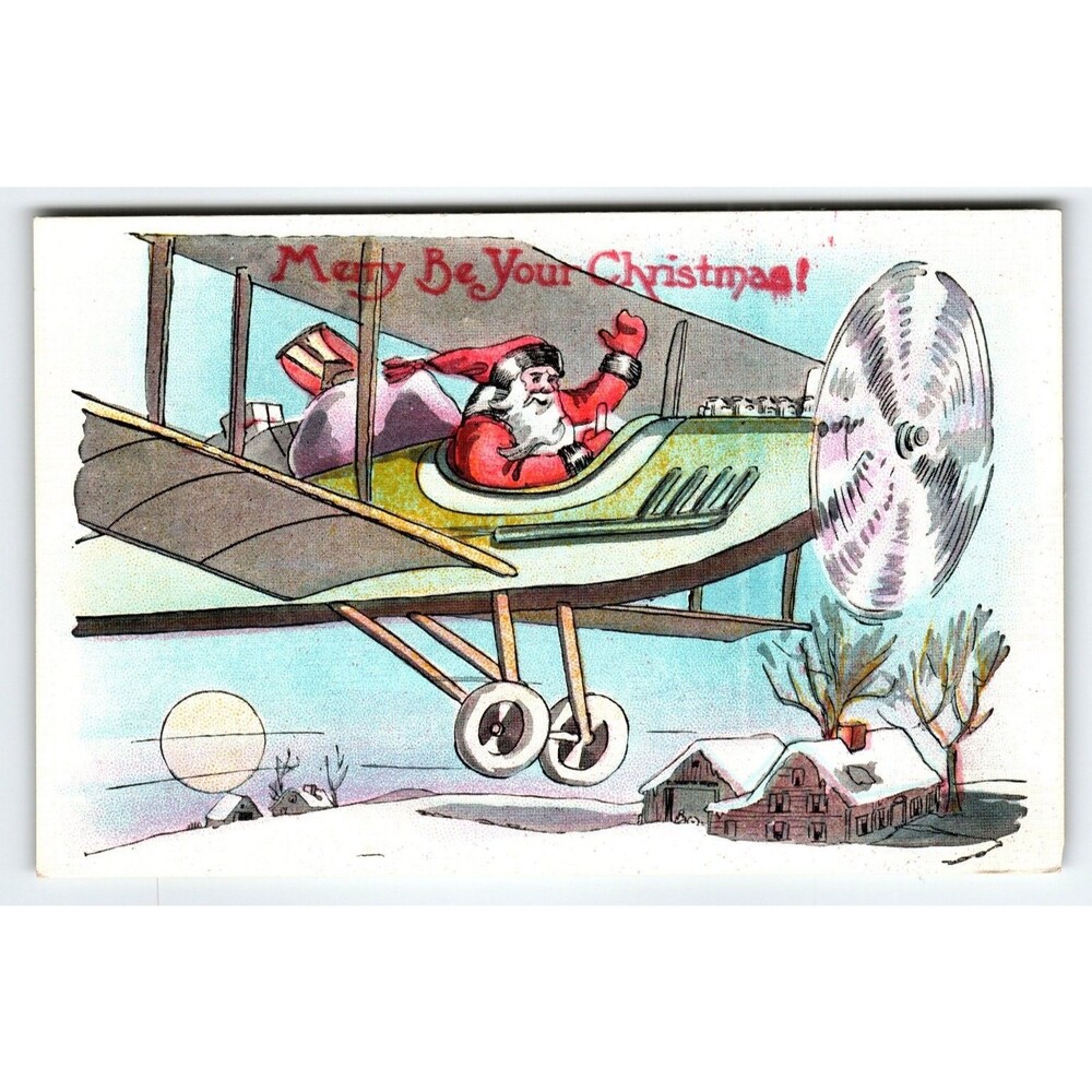 Vintage 1924 Santa Claus Flying Airplane Merry Be Your Christmas Postcard
